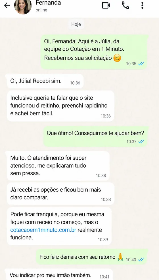 Exemplo ilustrativo de atendimento no WhatsApp, conversa simulada (Fernanda)