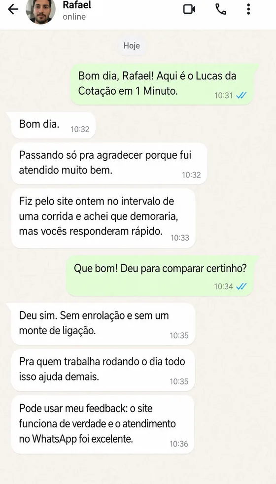 Exemplo ilustrativo de atendimento no WhatsApp, conversa simulada (Rafael)