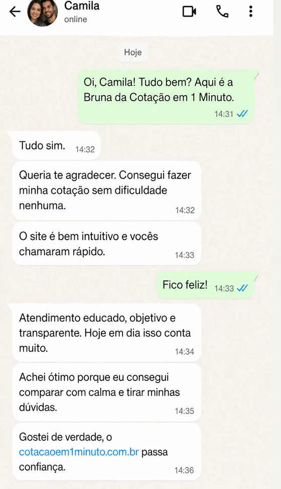 Exemplo ilustrativo de atendimento no WhatsApp, conversa simulada (Camila)