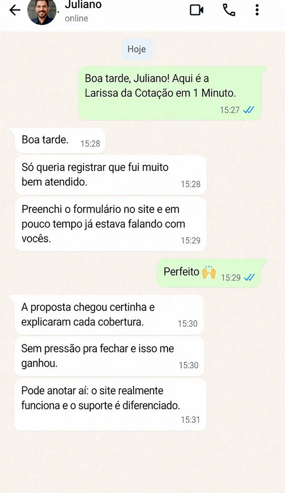 Exemplo ilustrativo de atendimento no WhatsApp, conversa simulada (Juliano)
