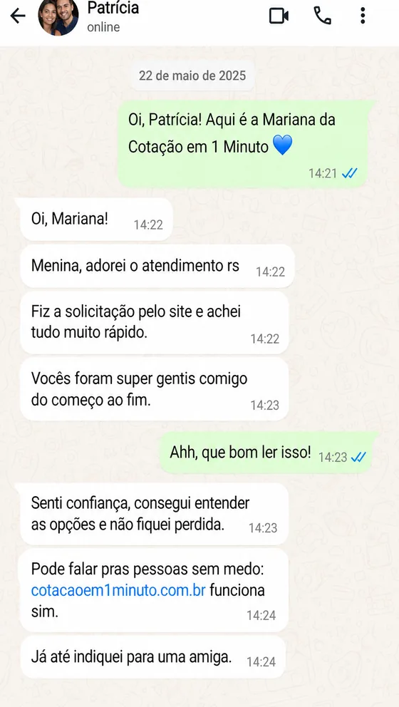 Exemplo ilustrativo de atendimento no WhatsApp, conversa simulada (Patrícia)